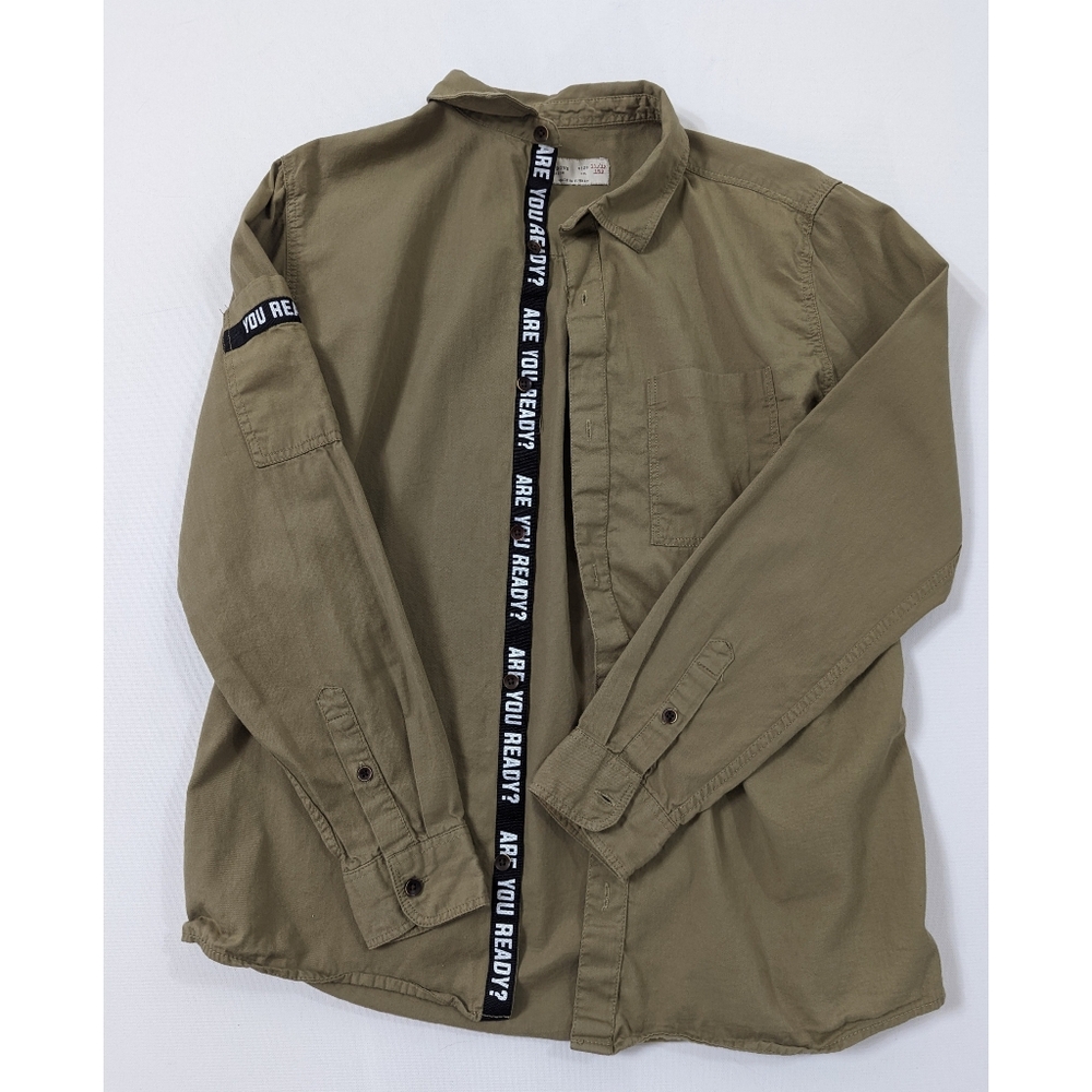 ZARA Button Up Long Sleeve Shirt with Slogan Trim Boy's Size 11/12 Years